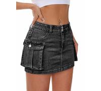 Mancreda Falda de Mezclilla Tipo Cargo para Mujer, Mini Cintura Baja, con Botones, Entallada, Y2K, Bolsillos con Solapa, S01-ash Black Light Wash, XS