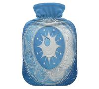 Mandala - Bolsa de agua caliente con forma de luna y estrella, color blanco y azul claro, con funda suave, compresa caliente de 2 litros para aliviar el dolor de cuello y hombros, calentador de manos