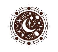 Mandala celestial con luna creciente, estrellas, planetas y borde cósmico circular. Calcomanías de pared 67.2x70.1cm Decoración artística Café