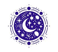 Mandala celestial con luna creciente, estrellas, planetas y borde cósmico circular. Calcomanías de tallado fino 42x43.8cm Decoración de tiendas Azul oscuro