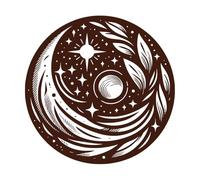 Mandala celestial, luna creciente, estrellas, rayos de sol y acentos frondosos en un círculo. Calcomanías de tallado fino 67.2x67.8cm Pintura mural artística Café