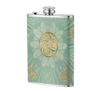 Mandala celta en verde salvia suave y dorado,Frasco de acero inoxidable 304 de 8 oz con funda de cuero sintético, frasco de bolsillo para licor plano para exteriores