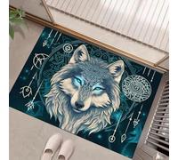 Mandala del Viento Felpudo 45 x 75 cm, Alfombra atrapapolvo Antideslizante para Puerta, Patrón De Tótem De Lobo, Uso Interior y Exterior, Ideal para Porche, Entrada, Ducha,Azul