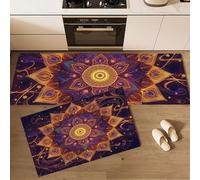 Mandala del Viento Patrón de caleidoscopio Juego de alfombras de Cocina de 2 Piezas, alfombras y tapetes de Cocina Antideslizantes y Lavables 40x60+40x120cm Alfombra de Piso Morado Dorado