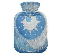 Mandala Moon and Star Shapes - Botella de agua caliente blanca azul claro con funda suave, compresa caliente de 2 L para aliviar el dolor de cuello y hombros