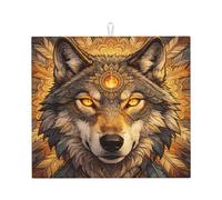 Mandala Wolf - Alfombrilla de secado de platos de cocina, 40,6 x 45,7 cm | Almohadilla de secado de microfibra absorbente para platos, tazas, cafetería