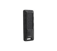Mando a distancia negro de doble frecuencia, 4 botones, compatible con sistemas de automatización de puertas FAAC, diseño compacto.