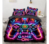 Mando de Videojuegos de neón Funda Nórdica 135x200, Texto Game ON Microfibra Juego de Ropa deCama Incluye 1 Funda Edredon + 2 Fundas de Almohada 50x75 (Cama 80/90)