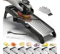 Mandolina cortadora de cocina ajustable de acero inoxidable para verduras, cebolla, patatas, panqueques, patatas, panqueques, hoja ajustable 7 en 1, incluye 1 par de guantes