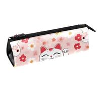 Maneki Neko - Bolsa compacta con cremallera para bolígrafos, lápices, cosméticos, diseño de gato y cerezas