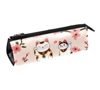 Maneki Neko - Bolsa compacta con cremallera para bolígrafos, lápices, cosméticos, diseño de gatos, flores y cerezas