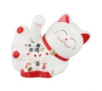 Maneki Neko Fortune Cat - Gato de la suerte con energía solar que agita automáticamente, batería para decoración de escritorio en casa, oficina, color blanco