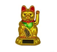 Maneki Neko Fortune Cat - Gato de la suerte con pepita dorada sobre base de panel solar, funciona con energía solar, para varias decoraciones (dorado)