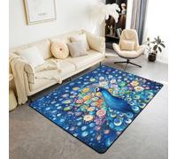 Manfei Alfombra de acuarela de pavo real para sala de estar, dormitorio, estilo chino, suave y acogedor, alfombra decorativa de pintura al óleo, alfombra decorativa azul y amarillo, 3 x 5 pulgadas