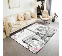Manfei Alfombra de área de la Torre Eiffel con dibujo de arquitectura francesa, alfombra antideslizante para niños, niñas, mujeres, rosa, mariposa, estilo romántico, alfombra antideslizante para cama