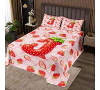 Manfei Bonita colcha de fresa tamaño King, juego de colcha de 3 piezas con letra J roja, estampado floral y rosa a cuadros, colcha acolchada con 2 fundas de almohada, decoración de habitación de niños