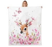 Manfei Bonita manta de felpa de ciervo, manta de forro polar de franela con flores y mariposas en acuarela para niños, niñas y adolescentes para todas las estaciones, manta de cama de animales de