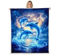 Manfei Bonita manta de felpa de delfín, bonita manta de franela de forro polar con animales del océano para niños, niñas, adolescentes, todas las estaciones, puesta de sol, cielo, vida marina