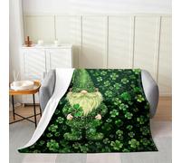 Manfei Bonita manta de franela con diseño de gnomos de primavera, trébol de la suerte, manta con estampado de hojas de trébol, acogedora, para cama, sofá, decoración de habitación de niños y niñas