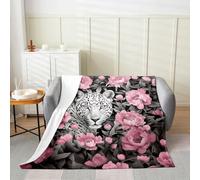 Manfei Cobija de leopardo salvaje acuarela rosa y gris flores manta de forro polar para niños, adolescentes y adultos, vida silvestre africana, selva, guepardo, manta de franela para inauguración de