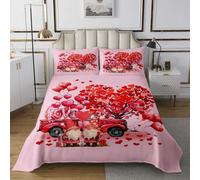Manfei Colcha de corazón rojo tamaño doble, juego de colcha de gnomo de dibujos animados, 3 piezas, colcha acolchada para el día de San Valentín con 2 fundas de almohada, decoración de habitación de