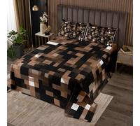 Manfei Colcha de cuadrícula marrón y negra, tamaño King, juego de colcha de videojuegos de mineros pixelados, 3 piezas, colcha acolchada de retazos geométricos con 2 fundas de almohada, decoración de