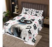 Manfei Colcha de gato lindo tamaño doble, juego de colcha con estampado de corazones rosas de gatos kawaii, 3 piezas, colcha acolchada con 2 fundas de almohada, decoración de habitación de niños