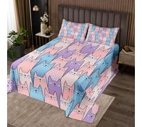 Manfei Colcha de gatos Kawaii tamaño doble, juego de colcha con estampado animal abstracto de 3 piezas, colcha acolchada con temática animal con 2 fundas de almohada, decoración de habitación de niños