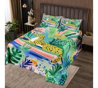 Manfei Colcha de guepardo de tamaño individual, juego de 2 piezas de colcha de plantas tropicales de hoja de palma, animales salvajes, selva, leopardo, colcha acolchada con 1 funda de almohada