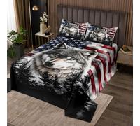 Manfei Colcha de lobo gris, tamaño individual, juego de colcha de bandera estadounidense, 2 piezas, colcha acolchada con temática de animales salvajes del bosque con 1 funda de almohada, decoración de