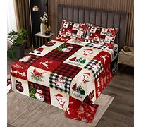 Manfei Colcha de Navidad tamaño individual, diseño de ciervo, muñeco de nieve, Papá Noel, colcha acolchada con 1 funda de almohada, juego de colcha con estampado de cuadrícula a cuadros, 2 piezas para