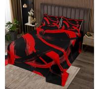 Manfei Colcha negra y roja tamaño doble, juego de colcha abstracta moderna de línea simple, 3 piezas, colcha acolchada estética geométrica con 2 fundas de almohada, decoración de habitación de niños