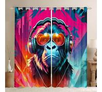 Manfei Cortina de dormitorio con diseño de graffiti simio hippie, música, niños, sala de estar, chimpancé, animales salvajes, decoración de habitación, cortinas de ventanas, cortinas azules y rojas