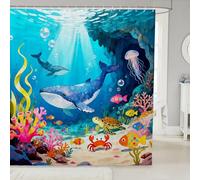 Manfei Cortina de ducha con diseño de ballena de dibujos animados, diseño de tortuga, cangrejo salvaje, para niños, niñas, adolescentes, acuarela, mar, hierba, océano, cortina de baño impermeable con