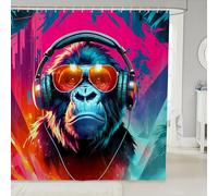 Manfei Cortina de ducha con diseño de graffiti simio para puestos de baño, bañeras, auriculares hippie, música, juego de cortina de ducha de chimpancé, cortinas de baño de animales salvajes, cortinas
