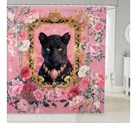 Manfei Cortina de ducha con diseño de pantera y peonías rosas rosadas, cortinas de baño para niños, adolescentes y adultos, decoración africana de vida silvestre, cortina de baño para bañera con 12
