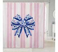 Manfei Cortina de ducha con lazo de flores azules de 72 pulgadas de ancho x 72 pulgadas de largo, cortinas de baño con rayas blancas y rosas para niños y niñas, cortina de baño impermeable con 12