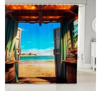 Manfei Cortinas de ducha de playa para niños, cortina de baño del mar de Hawái, puerta de madera náutica, decoración del hogar, cortinas impermeables azul marrón, 12 ganchos, 183 cm de ancho x 183 cm