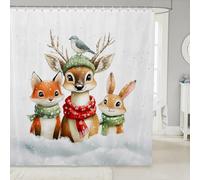 Manfei Cortinas de ducha para niños, diseño de ciervo, zorro, conejo, vida silvestre, Navidad, copo de nieve, decoración del hogar, cortinas impermeables blancas y amarillas, 12 ganchos, 72 pulgadas