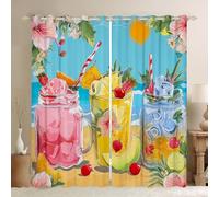 Manfei Cortinas de ventana con estampado de frutas y bebidas de verano, tratamientos de ventana de hojas de flores tropicales, decoración de habitación de niños y niñas, juego de 2 paneles con ojales