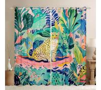 Manfei Cortinas de ventana de guepardo con hojas de palma, plantas tropicales, cortinas botánicas, tratamientos de ventana de animales de la selva, decoración de habitación de niños y niñas, juego de