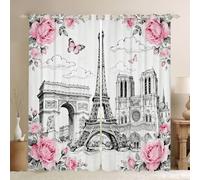 Manfei Cortinas de ventana de la Torre Eiffel con bocetos de arquitectura francesa, cortinas de ventana para niños, niñas, mujeres, rosa, mariposa, estilo romántico, cortinas para sala de estar, 2
