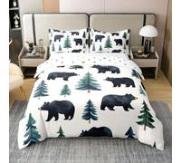 Manfei Cute Bears - Juego de funda de edredón 100 % algodón, tamaño individual, juego de ropa de cama de pinos estilo invierno, 2 piezas, funda de edredón de animales salvajes de dibujos animados