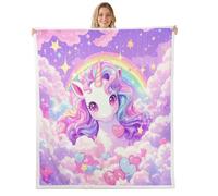 Manfei Dreamy Unicorn - Manta de franela de forro polar de 40 x 50 pulgadas, bonita manta mullida para sofá, sofá, nubes de ensueño, corazón, para todas las estaciones, mantas de felpa, color lila