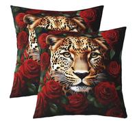 Manfei Funda de almohada de leopardo para niños, funda de almohada de doble cara con diseño de rosas y hojas florales, decoración misteriosa para el hogar, color rojo, amarillo y negro, funda de cojín