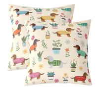 Manfei Funda de almohada decorativa de doble cara con diseño de perro salchicha de dibujos animados, flores primaverales, decoración de habitación de niños y niñas, funda de cojín estilo granja para