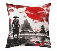 Manfei Funda de cojín de samurai japonés, diseño de flor roja de sol de 16 x 16 pulgadas, funda de cojín suave con estampado reversible, paquete individual, pintura de tinta, paisaje de montaña, arte