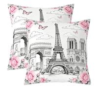 Manfei Juego de 2 fundas de almohada de la Torre Eiffel con diseño de arquitectura francesa, para niños, niñas, mujeres, rosa, mariposa, estilo romántico, para cama, sofá, 40.6 x 40.6 cm