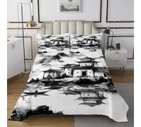 Manfei Juego de colcha de estilo chino, diseño de arquitectura antigua, juego de colcha de pintura de lavado de tinta para todas las estaciones, tamaño grande para adultos, hombres y mujeres, tamaño