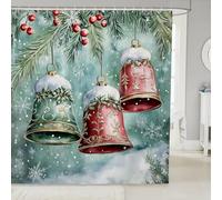 Manfei Juego de cortinas de ducha de campanas de Navidad, cortina de baño de Feliz Navidad, para niños, adolescentes, adultos, hojas de acebo, bayas, telas impermeables, decoración de baño de copo de